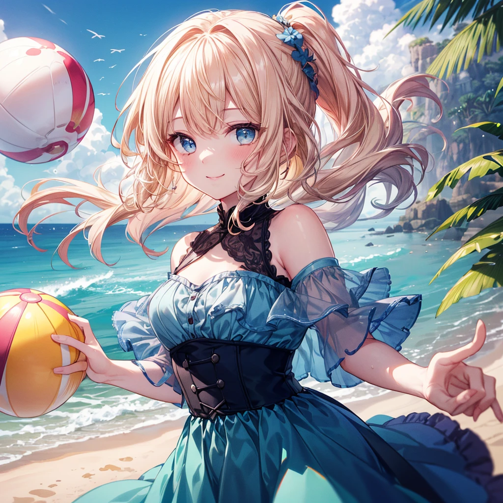 Delicate and beautiful CG art),(Highest quality, Very detailed, High resolution),(Dynamic Angle, Dynamic Lighting),(one character),(Long pink and blonde hair), blue eyes, Beautiful Face), 1 girl, (Long sideburns, plant, smile, long blue dress, 3 days, Ocean, water, Beach ball, shell, sunny, the wind is strong