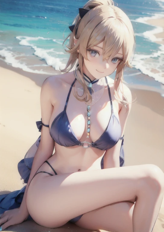 smile, blue bikini, sit with her legs apart, on the beach,