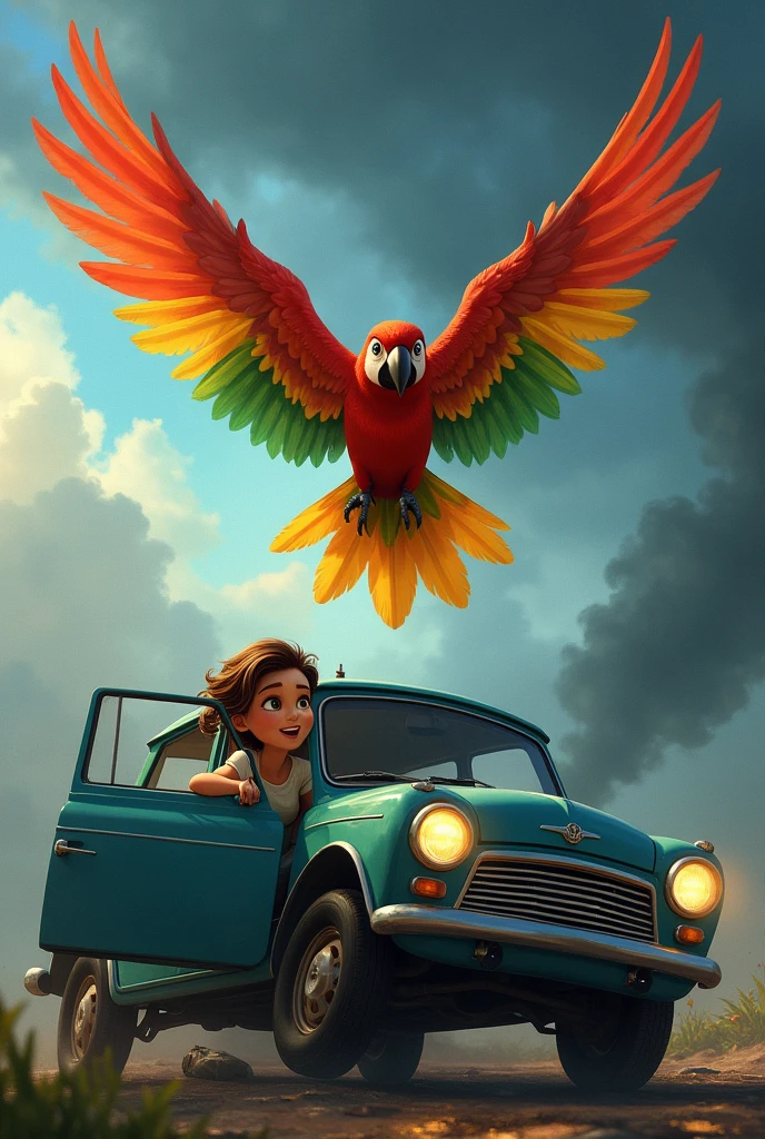 "Sunny, the vibrant parrot, lived in a cozy nest with her owner, Emma. One day, a fierce storm rolled in, and Emma was nowhere to be found. Sunny flew out into the wind, squawking Emma's name. She spotted Emma's car, crashed and upside down. Sunny flew down, using her beak to pry open the door. Emma was shaken but alive. Sunny snuggled close, keeping her warm until help arrived. From then on, their bond was unbreakable."