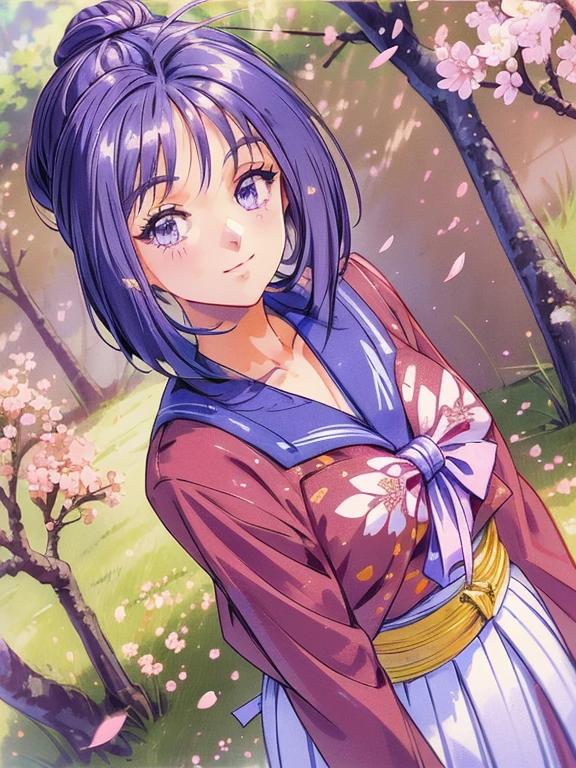 ((masterpiece)),((Ayako Katagiri)),((Katagiri Ayako)),((Mischievous Smile)),Anatomically perfect fingers,(((Cherry blossom trees))),(((Taishō Hakama)))