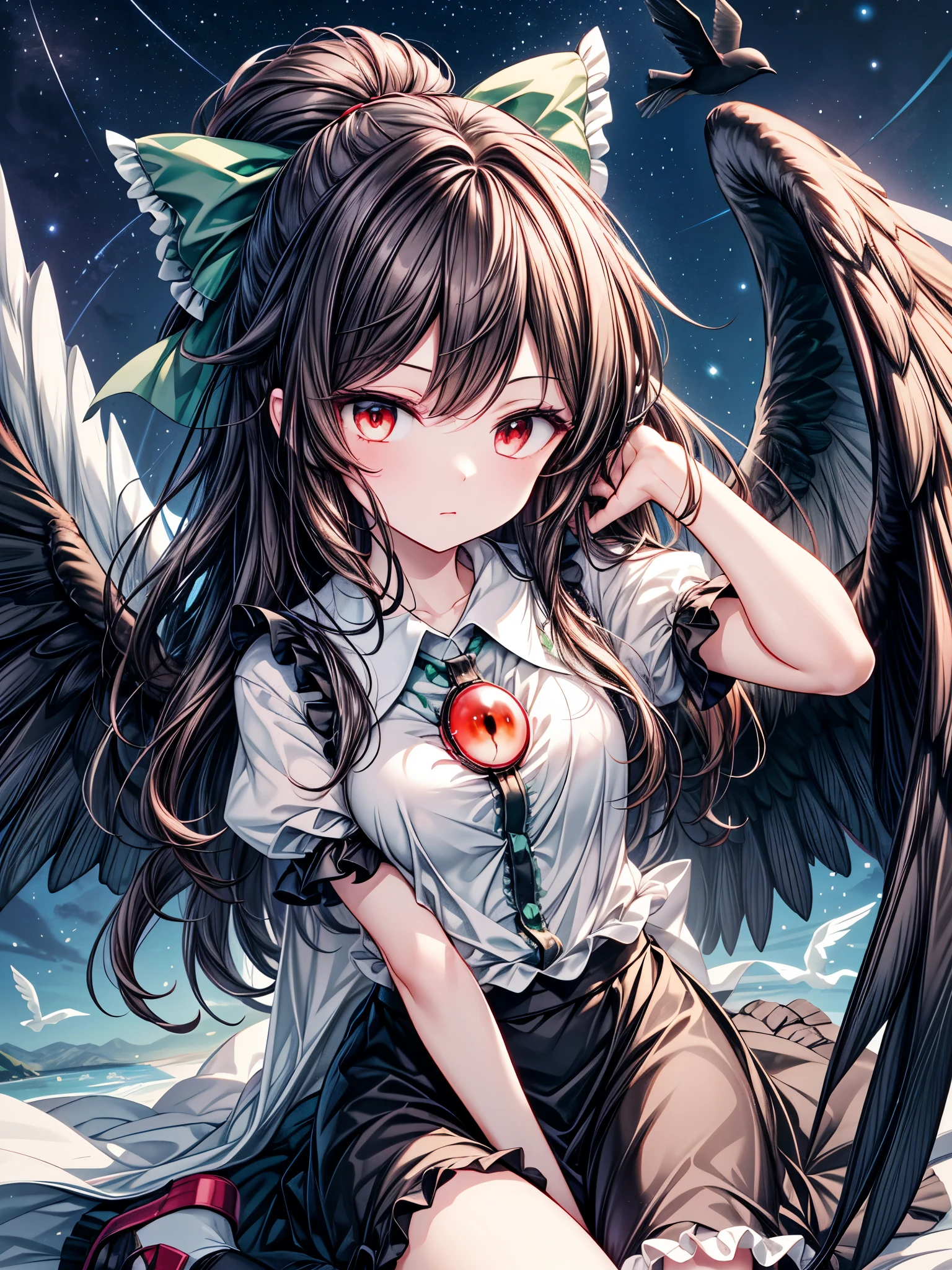 1girl, reiuji utsuho (touhou), red eyes, long hair, black hair, brown hair, ponytail, bird wings, black wings, third eye, third eye on chest, blouse, white shirt, collared shirt, frilled shirt collar, center frills, buttons, puffy short sleeves, green skirt, frilled skirt, black kneehighs, mismatched footwear, single shoe, white cape, starry sky print, hair bow, green bow, control rod, arm cannon, atom