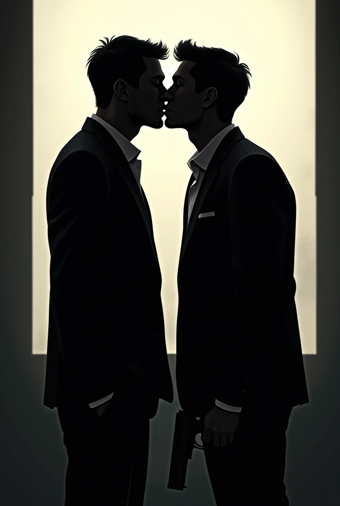 Create a dramatic, silhouetted scene featuring two figures of men in an intense moment of connection, their faces close together as if about to kiss. One of the figures a bit taller than the other holds a gun, adding an element of danger and intrigue to the scene. The background is a stark, lighted rectangle, contrasting with the dark silhouettes of the characters. The overall atmosphere should be mysterious and charged with tension, hinting at a story of forbidden love or a dangerous alliance.