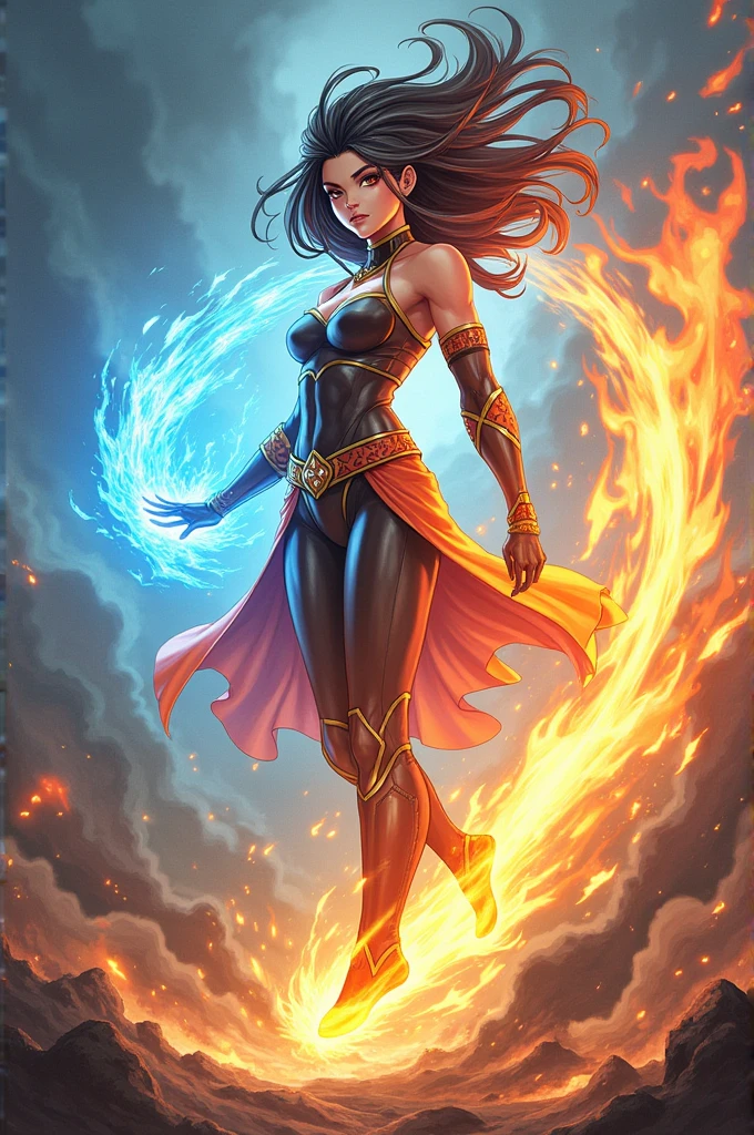 create an image of a boku no hero style heroine using elemental powers like water earth air and fire