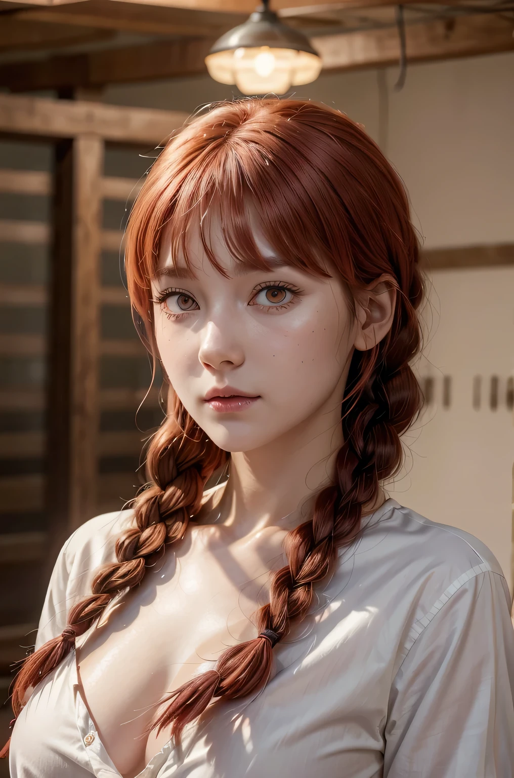 Makima, star eye, blush, perfect illumination, red braided hair, white skin, red eyes, large stif breasts, unreal engine, sidelighting, detailed face, bangs, bright skin, whote button shirt, simple background, dark background, far cowboy shot