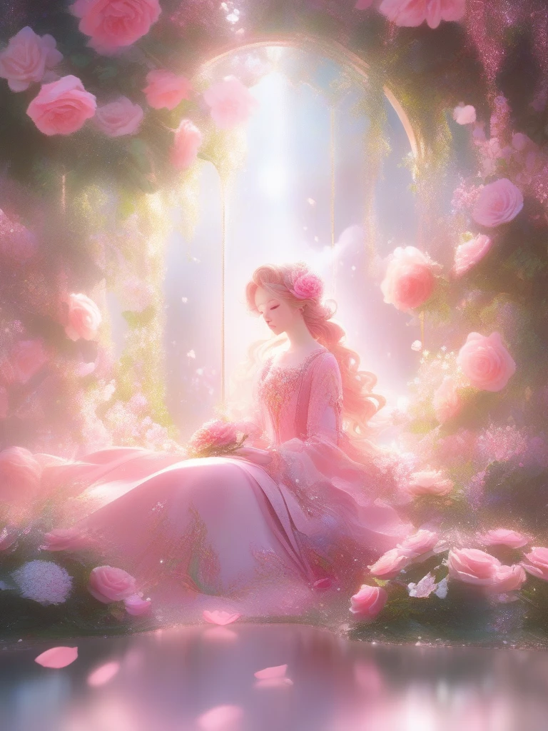 wallpaper hd, Flower art, Rose, Blooms in spring, Photo, kawaii, cute anime, Girl, Light magenta and light crimson style, angura kei, sparkling water reflections, Rococo portrait, ethereal trees, Univalent, les nabis,serenidade,Dreamy,16K Simple background