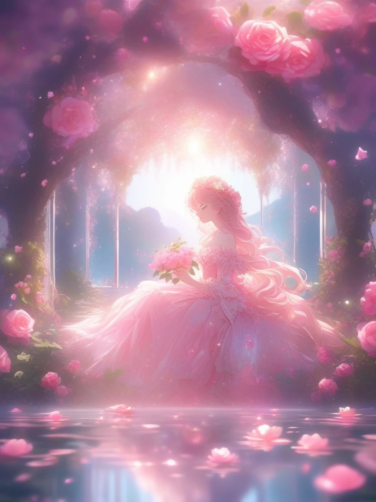wallpaper hd, Flower art, Rose, Blooms in spring, Photo, kawaii, cute anime, Girl, Light magenta and light crimson style, angura kei, sparkling water reflections, Rococo portrait, ethereal trees, Univalent, les nabis,serenidade,Dreamy,16K Simple background