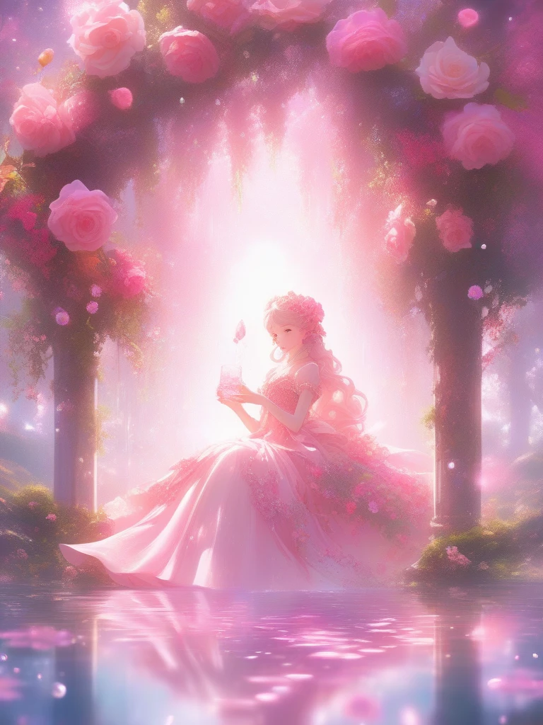 wallpaper hd, Flower art, Rose, Blooms in spring, Photo, kawaii, cute anime, Girl, Light magenta and light crimson style, angura kei, sparkling water reflections, Rococo portrait, ethereal trees, Univalent, les nabis,serenidade,Dreamy,16K Simple background