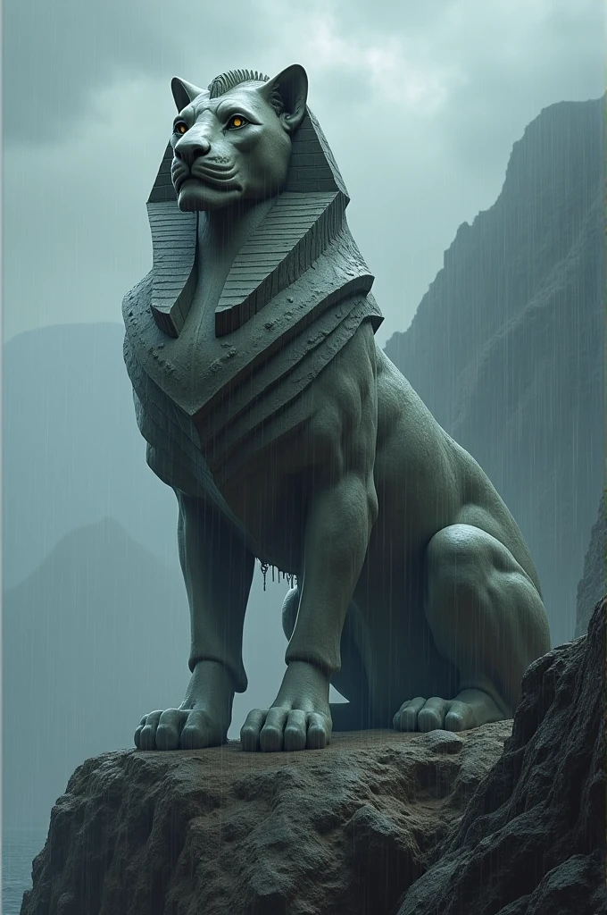 On a mountain, in rainy weather, un grand sphinx se tient fièrement