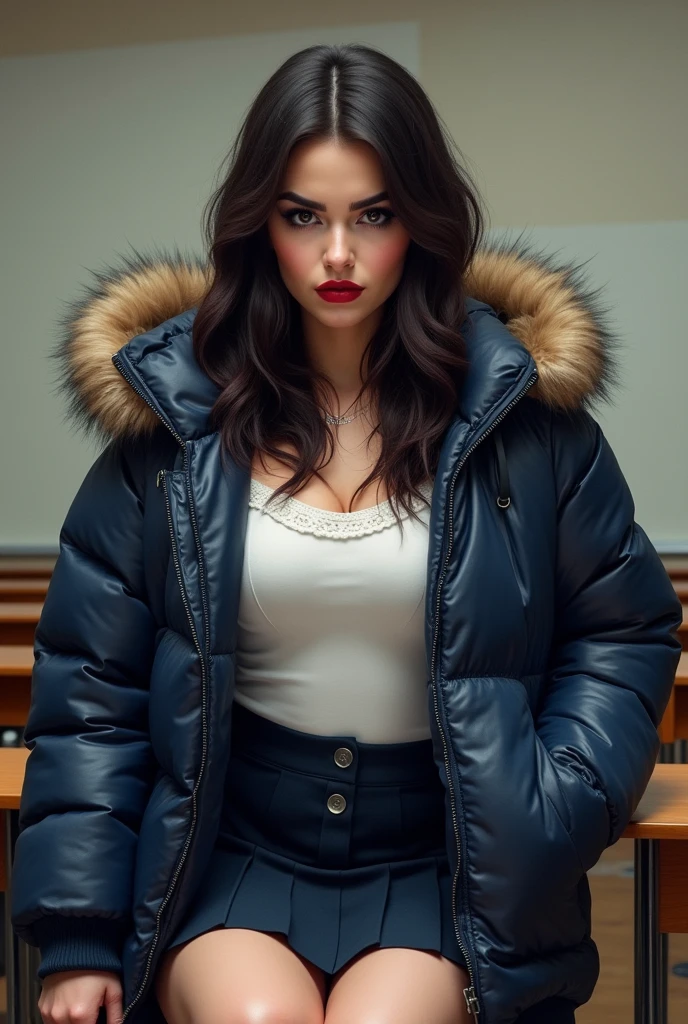  16 year old English teenage girl ,wearing a very large navy blue tight shiny puffer coat, very thick eyebrows, photorealistic, masterpiece, moncler, fluffy fur hood, , wavy hair, large breasts, open coat, school uniform,very tight white blouse, pleated skirt, heavy makeup, dark red lipstick, chavvy, chav, attitude, pouting, sitting in classroom, dark foundation, very tight clothing
