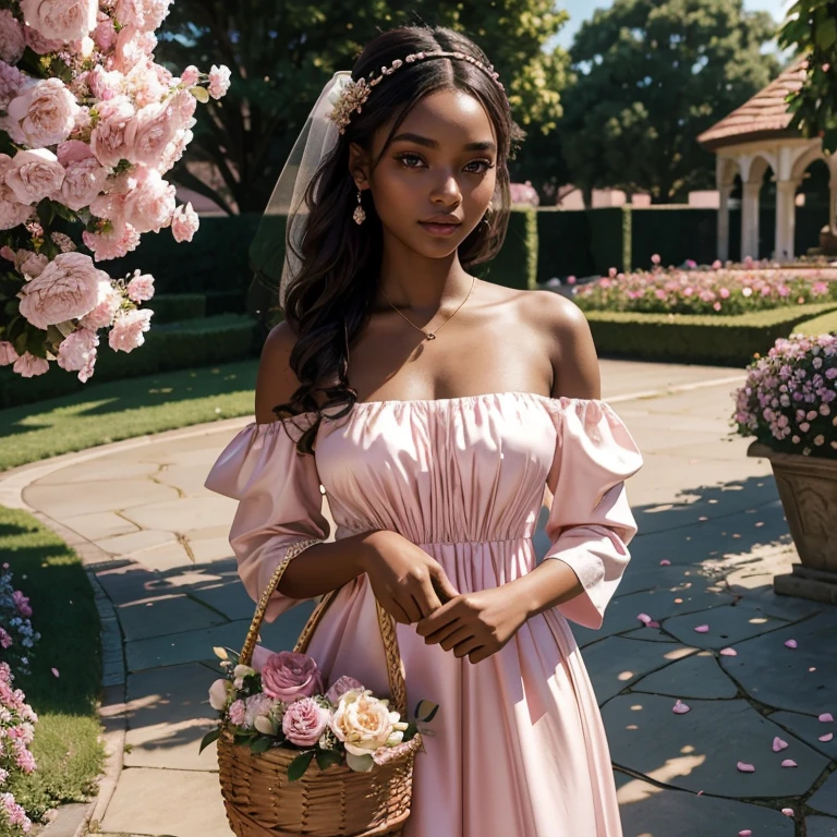 (​masterpiece, best quality:1.5), highest quality, High resolution, super detailed, Realists, Upper body photo of a 22 year old black flower girl, dark skin, detailed and beautiful eyes, beautiful detailed lips, very detailed eyes and face, longeyelashes, 22-year-old woman in a pink short dress made of shiny satin fabric, Beautiful and colorful makeup, elegant and noble々Pose,shiny satin headband, grind, Holding flowers, Gardens as background, soft daylight, bright colors, fine brushstrokes, Portrait style, Noble details in the dress fabric, beautiful color palette, glowing skin, First-class rendering, that captures every detail, enchanting atmosphere, subtle shadows and lights, (perfect anatomy:1.2), (The stunning 22-year-old flower girl carries a basket of rose petals. (magnificent panorama view:1.2)