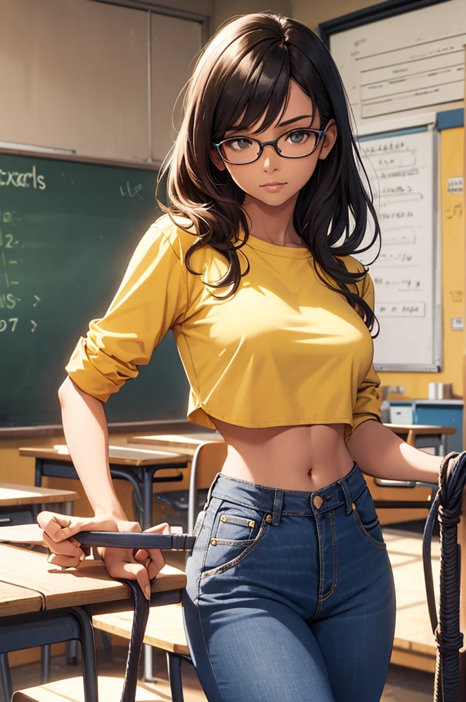 30 years-old women, yellow crop top shirt, blue jean, showing navel, glasses, classroom, teacher, teaching, ((holding a whip))