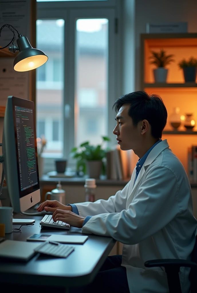 In the morning, a Chinese researcher sat by the computer in the laboratory looking for literature. The overall tone is warm color.