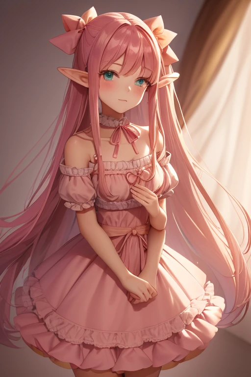 (masterpiece:1.2), (Highest quality:1.2), Perfect Eyes, Perfect Face, Perfect lighting, One girl, Standing with your hands in front of you,Long Hair, Complicated hairstyle,peach satin dress, Frills, ribbon, Puff sleeves, Exposing shoulders, Lace choker, jewelry, peaceful, quiet, Chill,Humanoid pink female squid girl,elf queen,White big modern hat,14-year-old girl,elf, ((pink side ribbon hair)),Lots of ribbon,Lots of ribbon,Lots of ribbon, ((((hip (Peach)ribbon)))),(Pink)Hair,arched back,one eye closed