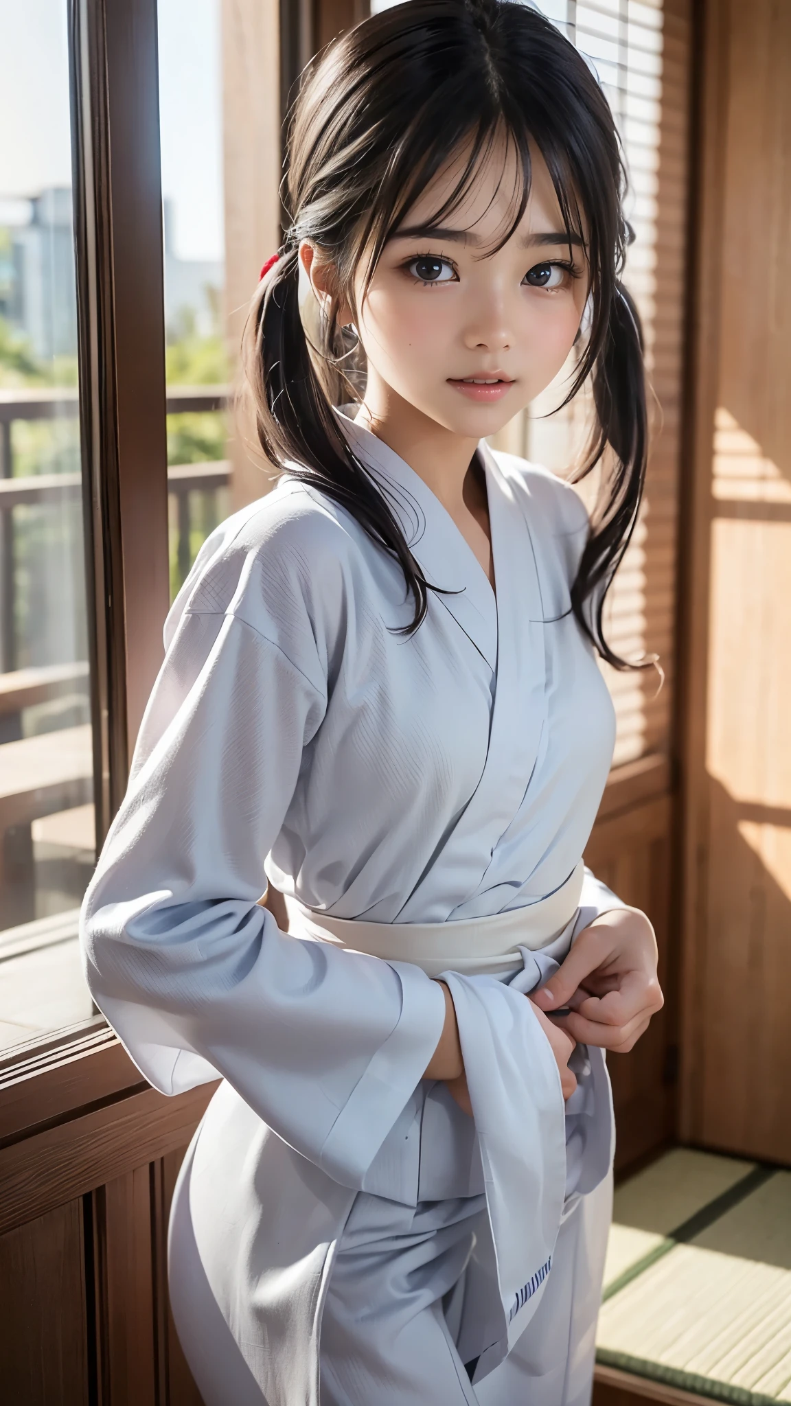 ((super high quality、High resolution、masterpiece、 Anatomically correct、Super detailed photos、Ultra-realistic photos、 Highest quality))、(1girl)、((baby face)), looking at viewer、Hotel room at night、((naked body with opening Japanese yukata:1.2))、((from front))、((medium breasts))、((very erotic facial expression))、((Small waist:1.3))、medium breasts、(Detailed face and eyes)、(detailed and perfect hands and figures:1.1)、Black Hair、(low twintail:1.2、Medium Hair)、((sexy face、erotic face)), (detailed arms:1.2)