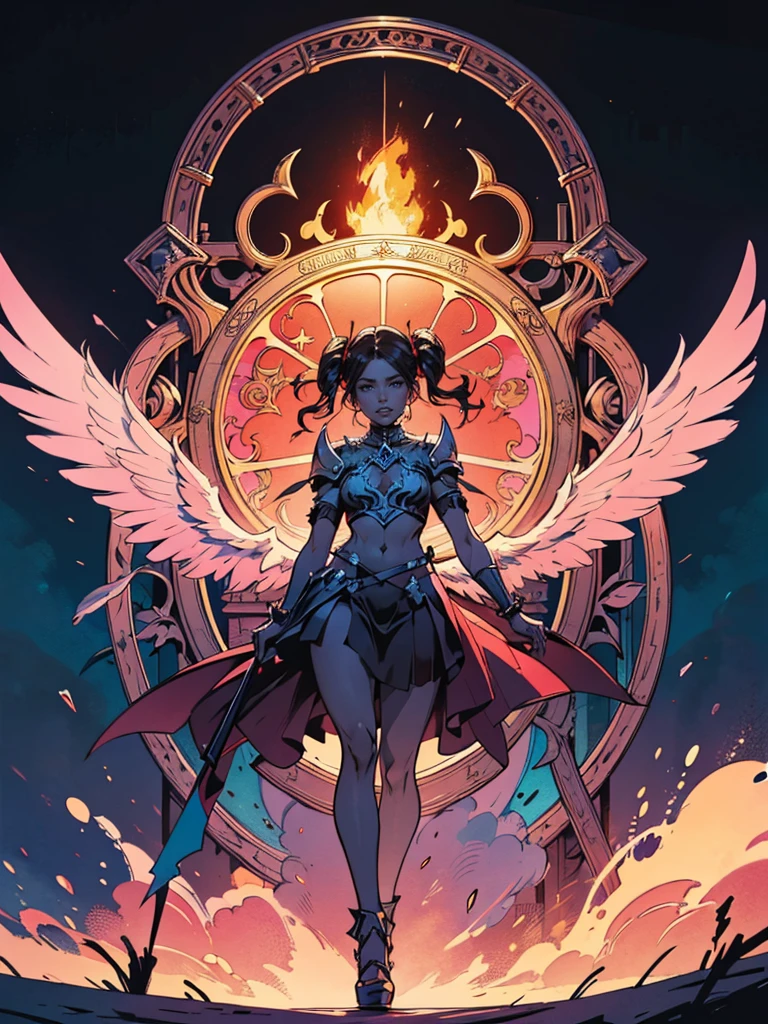high details, best quality, 16k, [best detailed], masterpiece, best quality, (extremely detailed), a picture of a beautiful female angel, looking through  a magical portal onto hell, the portal has magical pink magical wards  on it, she sees the fiery hell and rolling inferno faize , GlowingRunes_paleblue, GLOWING STYLE, feathered wings
