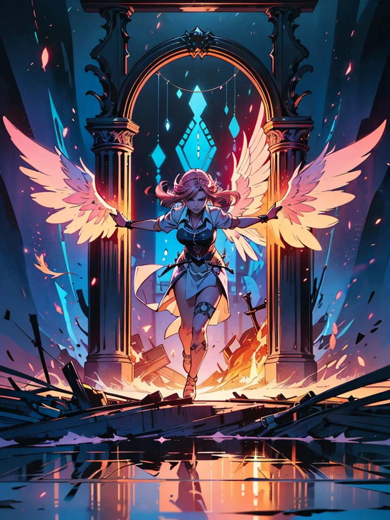 high details, best quality, 16k, [best detailed], masterpiece, best quality, (extremely detailed), a picture of a beautiful female angel, looking through  a magical portal onto hell, the portal has magical pink magical wards  on it, she sees the fiery hell and rolling inferno faize , GlowingRunes_paleblue, GLOWING STYLE, feathered wings
