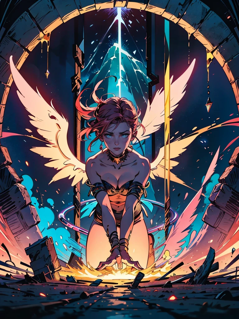 high details, best quality, 16k, [best detailed], masterpiece, best quality, (extremely detailed), a picture of a beautiful female angel, looking through  a magical portal onto hell, the portal has magical pink magical wards  on it, she sees the fiery hell and rolling inferno faize , GlowingRunes_paleblue, GLOWING STYLE, feathered wings