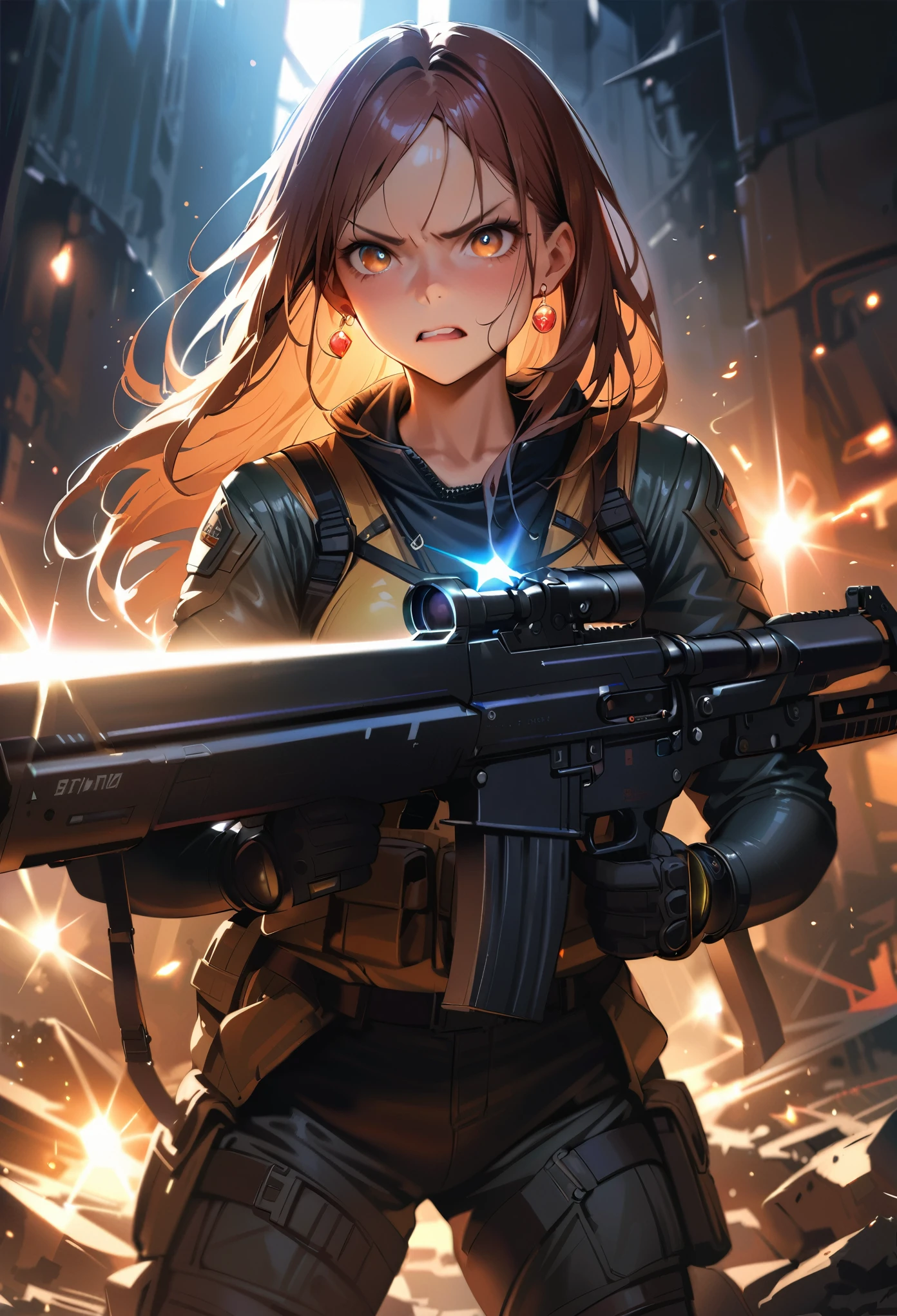 masterpiece, Highest quality, (((Ruined battlefield)))、(((Angry Face)))、Raising awareness, Large firearms, プラチナEarrings, Platinum Necklace, Black bikini combat suit,Carrying a weapon, One Girl, cute, (Dynamic Lighting:1.2), Cinema Lighting, Delicate facial features, Detailed eyes, Sharp pupils, Realistic student, Written boundary depth, ボケ Written boundary depth, Sharp focus, (Very detailed, bloom, Shine:1.4), Lots of little gems, (((long_hair))), Twin tails、Earrings、分けた前hair、銀hair、whole body、Ultra close-up footage、The top is transparent up to the chest.、See-through design。The bottoms are a very short navy blue pleated skirt.、Fits snugly around the waist。The background is simple white.、this、The text is easier to see.。The light source is a soft light from the front....、The overall atmosphere is bright and clean....。