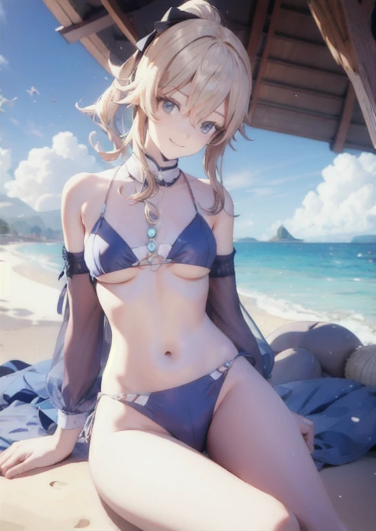 smile, blue bikini, sit with her legs wide apart, on the beach,