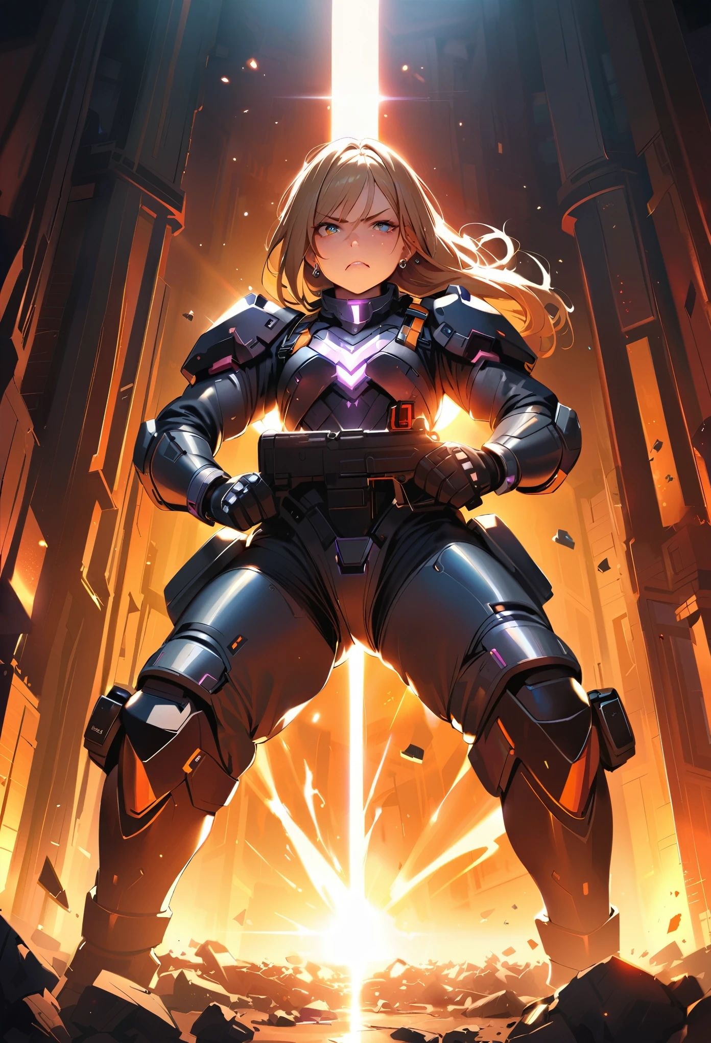 masterpiece, Highest quality, (((Ruined battlefield)))、(((Angry Face)))、Raising awareness, Large firearms, プラチナEarrings, Platinum Necklace, Black bikini combat suit,Carrying a weapon, One Girl, cute, (Dynamic Lighting:1.2), Cinema Lighting, Delicate facial features, Detailed eyes, Sharp pupils, Realistic student, Written boundary depth, ボケ Written boundary depth, Sharp focus, (Very detailed, bloom, Shine:1.4), Lots of little gems, (((long_hair))), Twin tails、Earrings、分けた前hair、銀hair、whole body、Ultra close-up footage、The top is transparent up to the chest.、See-through design。The bottoms are a very short navy blue pleated skirt.、Fits snugly around the waist。The background is simple white.、this、The text is easier to see.。The light source is a soft light from the front....、The overall atmosphere is bright and clean....。