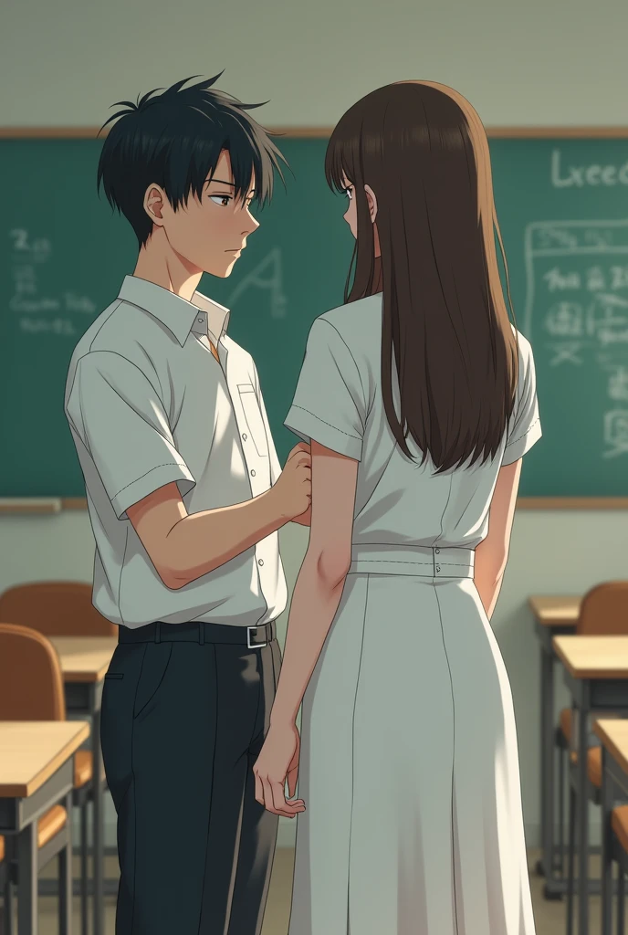 high resolution, high resolution, high detail, realistic, textured skin, anatomically correct, 8k, sharp, 
classroom, 
(((A high school boy is touching a girl from behind with an electric shock device., back))), 
((japanese mature, 24 years old, Beautiful female teacher, Sleek big, I got a perm, upright, full, Long light brown hair parted to the right, 
slim body, Close your eyes and look very pained, White summer short sleeve button up shirt tucked into skirt, Tight Summer High Waist White Long Flare Skirt)), 
(((one man, 1 woman)))
