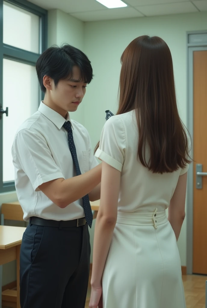 high resolution, high resolution, high detail, realistic, textured skin, anatomically correct, 8k, sharp,
classroom,
(((A high school boy is touching a girl from behind with an electric shock device., back))),
((japanese mature, 24 years old, Beautiful female teacher, Sleek big, I got a perm, upright, full, Long light brown hair parted to the right,
slim body, Close your eyes and look very pained, White summer short sleeve button up shirt tucked into skirt, Tight Summer High Waist White Long Flare Skirt)),
(((one man, 1 woman)))