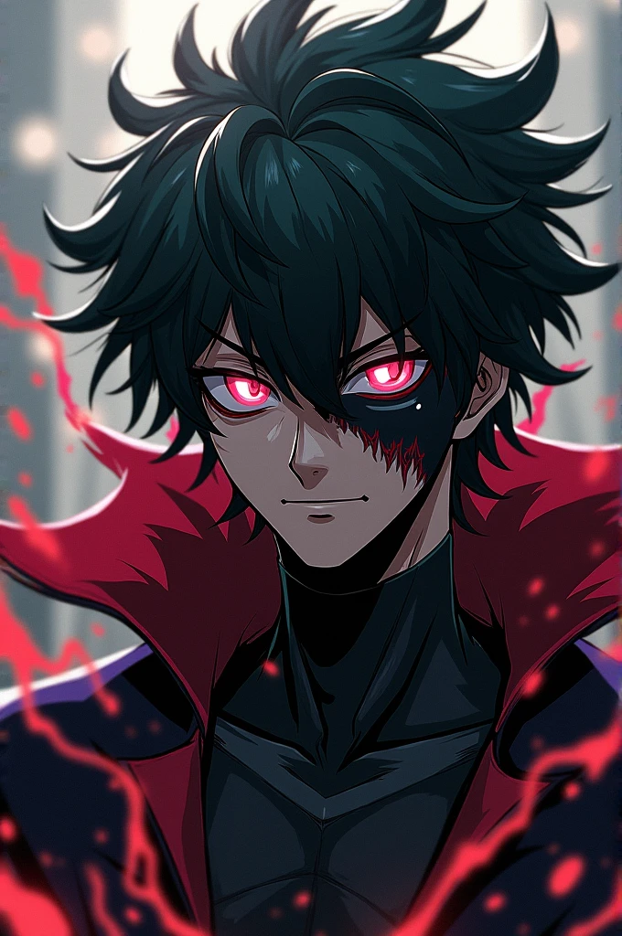 Costume: Instead of his usual green hero suit, Villain Deku might wear a black, tattered version with a torn cape. His outfit could have red and dark purple accents, giving it a more sinister look.
Mask: He could have a half-mask that covers his face, perhaps with a jagged design or eerie, glowing eyes to emphasize his villainous transformation.
Expression: His expression would be intense and cruel, with a fierce gaze that conveys his new, darker motivations.
Quirk Effects: His power might manifest with darker, more destructive effects. For example, his "One For All" abilities could appear more chaotic and uncontrollable, with crackling black energy or fiery red sparks.