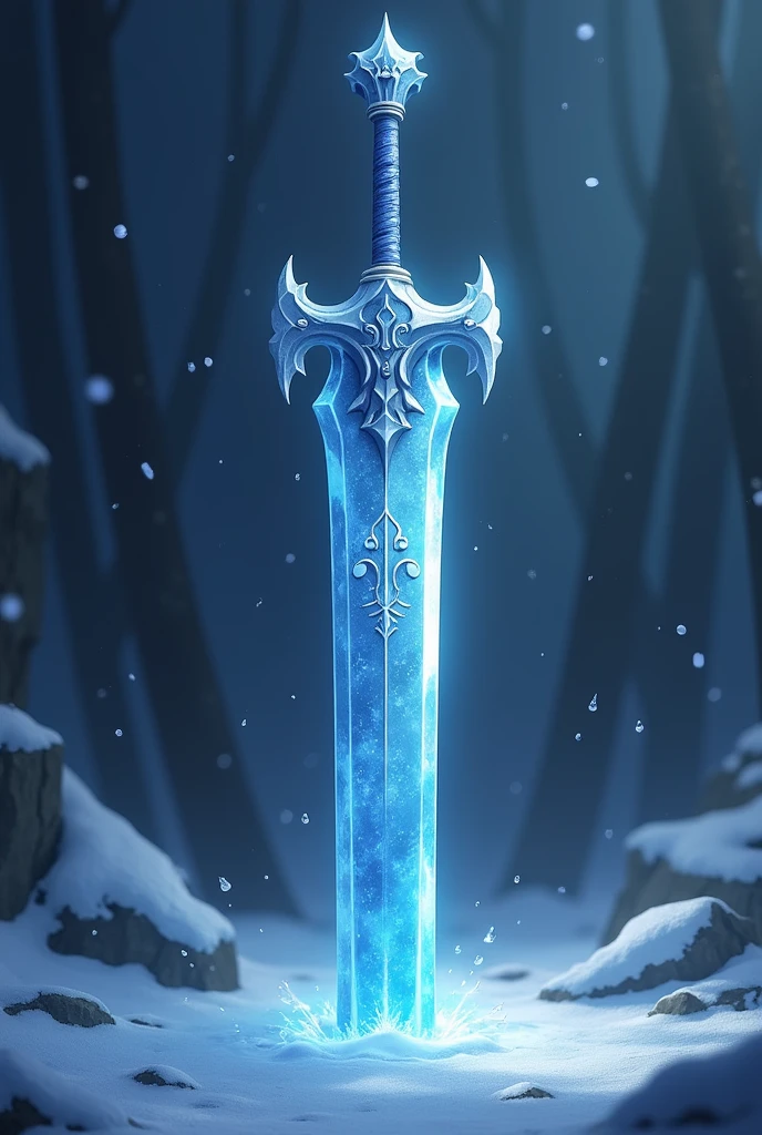 The photo shows a giant anime-style sword, Powerful、With icy blue reflections. The handle is very elegantly decorated、It&#39;s like it&#39;s made of ice. The top of the blade has bear paw prints engraved on it.