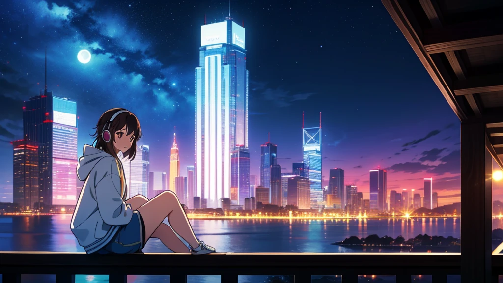 masterpiece, best quality, high quality, detailed, ultra detailed, hyper detailed, insanely detailed, exquisite, beautiful, FHD, Full-HD, 4K, 8K, 16K, highres, absurdres, skyscraper, city, 1girl, intelligent, sitting, looking to the side, brown hair, brown eyes, hoodie, shorts, piercing, in the room, with a starry sky, with a galaxy, at night, beautiful, lo-fi, Dark room, wearing headphones. moonlight