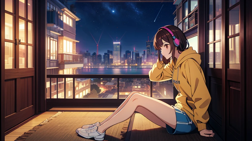 masterpiece, best quality, high quality, detailed, ultra detailed, hyper detailed, insanely detailed, exquisite, beautiful, FHD, Full-HD, 4K, 8K, 16K, highres, absurdres, skyscraper, city, 1girl, intelligent, sitting, looking to the side, brown hair, brown eyes, hoodie, shorts, piercing, in the room, with a starry sky, with a galaxy, at night, beautiful, lo-fi, Dark room, wearing headphones. moonlight