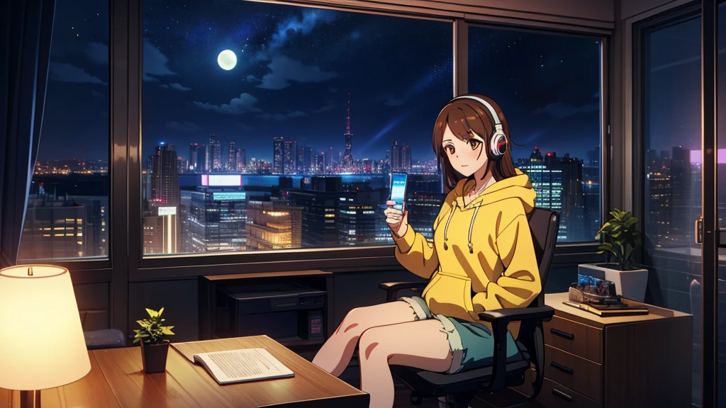 masterpiece, best quality, high quality, detailed, ultra detailed, hyper detailed, insanely detailed, exquisite, beautiful, FHD, Full-HD, 4K, 8K, 16K, highres, absurdres, skyscraper, city, 1girl, intelligent, sitting, looking to the side, brown hair, brown eyes, hoodie, shorts, piercing, in the room, with a starry sky, with a galaxy, at night, beautiful, lo-fi, Dark room, wearing headphones. moonlight