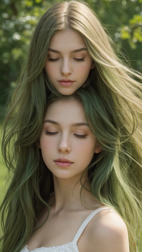 face portrait. a girl. european. half-closed eyes. green eyes. oval face. delicate features. long face. long straight hair. messy hair. green hair. happy. looking straight