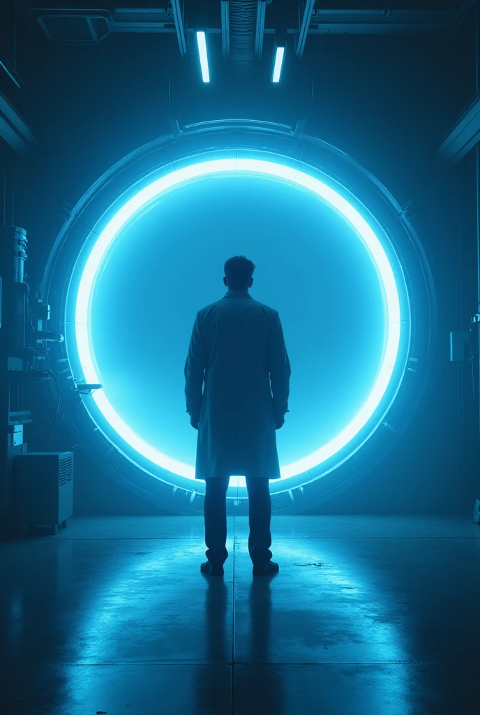 Inside a futuristic, high-tech laboratory. Dr.  Gray, a determined and intelligent scientist, stands before a glowing, circular portal that serves as his time machine. The machine emits a bright, bluish light, contrasting with the dark surroundings of the lab.
   - **Color Palette:** Cool blues and silvers for the machine, with darker shades in the background to emphasize the brightness of the portal.