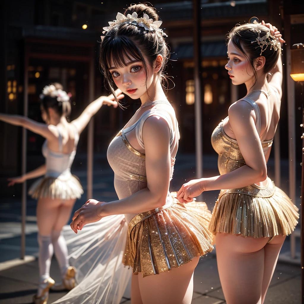 SFW, ExtremelyDetailed (((Kawaii Ballet Girls Group in a row:1.37))), Childish perfect face, Reflective Eyes, Detailed(Delicate Clothing textures), Corrected Leg Line, Corrected Childish Hand, Correct limbs, Dynamic Joyful Expressions LifeLike Rendering, ((Specular Reflection:0.8)), TopQuality 8K Ultra-detailed masterpiece (ProfessionalPhoto:1.37), (Acutance:0.8), (Luminism:1.28), (Light particles:0.75), (Muscle:-0.5), facing away (from side ) (Clearly visible Beautiful hip shape)
