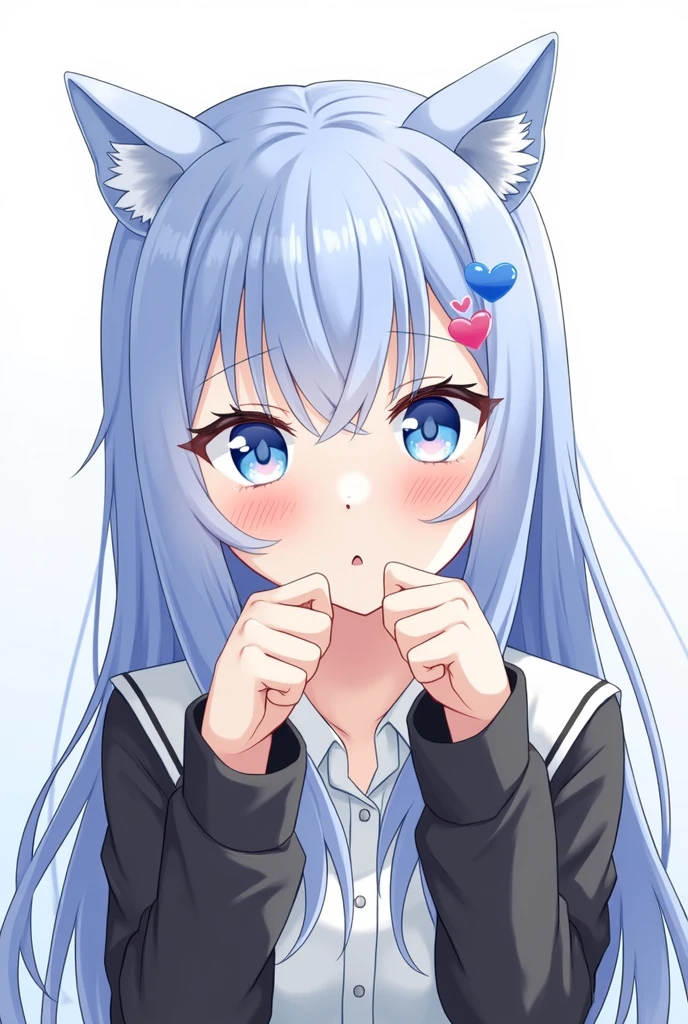  One girl, Animal ears, blue eyes, Long Hair, Blue Hair, Long sleeve, bangs, Cat ear, heart, Mouth closed, Upper Body, Focus Only, hair ornaments, Sleeves are longer than the wrist, blush, White Background, collared shirt, Simple Background, shirt, View your viewers, Jacket, black Jacket, One side up, Hair between the eyes, Slope, ;3, Slope background, Blue background, Oral sex,Blowjob,nsfw,Sperm on face,Open your mouth,saliva,In heat,Porn,Licking the penis,Sexual expressions,Ecstatic,Lewd expression