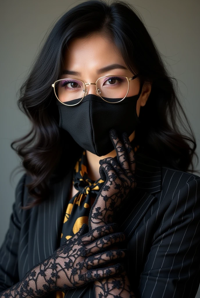 With long, curly black hair、Heavy makeup and purple eyeshadow、Around her neck she wears a ribbon-shaped satin black and gold patterned scarf.、Wearing gold-rimmed glasses、Wearing long gloves made of black floral lace、A Japanese woman in her 50s wearing a black striped suit、Wearing a lacy black face mask