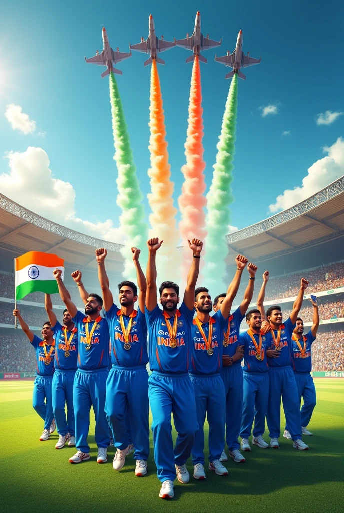 I'm background one stadium with colour of saffron, white and green. Where first part of image India cricket team celebrating T20 worldcup wining movment and other part of images Indian athelete medal winning movment in Paris Olympic 2024. On top along with clouds 2 fighting jet flying with releasing fogg in tricolour colour.