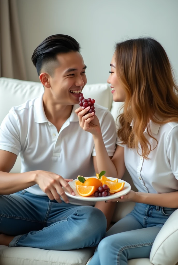 Photography of a couple sitting on a sofa, both wearing plain white polo shirts, blue jeans, a handsome young man of Indonesian descent aged 25, clean face, slicked back hair neatly combed, sitting on a white sofa. Beside him sits a beautiful Indonesian woman, long wavy hair of yellowish brown color, her hands feeding the young man grapes on a plate containing grapes and oranges that she is holding.
Family room background.
