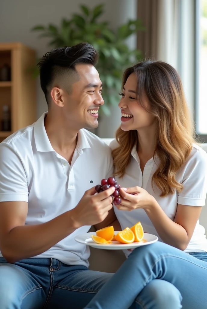 Photography of a couple sitting on a sofa, both wearing plain white polo shirts, blue jeans, a handsome young man of Indonesian descent aged 25, clean face, slicked back hair neatly combed, sitting on a white sofa. Beside him sits a beautiful Indonesian woman, long wavy hair of yellowish brown color, her hands feeding the young man grapes on a plate containing grapes and oranges that she is holding.
Family room background.