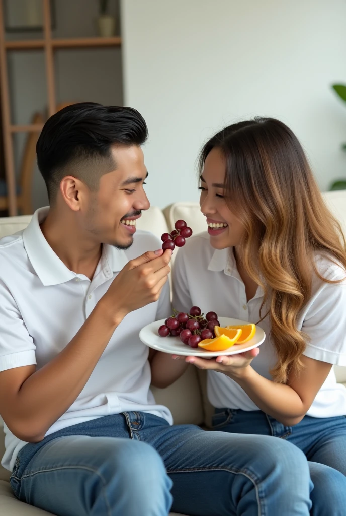 Photography of a couple sitting on a sofa, both wearing plain white polo shirts, blue jeans, a handsome young man of Indonesian descent aged 25, clean face, slicked back hair neatly combed, sitting on a white sofa. Beside him sits a beautiful Indonesian woman, long wavy hair of yellowish brown color, her hands feeding the young man grapes on a plate containing grapes and oranges that she is holding.
Family room background.