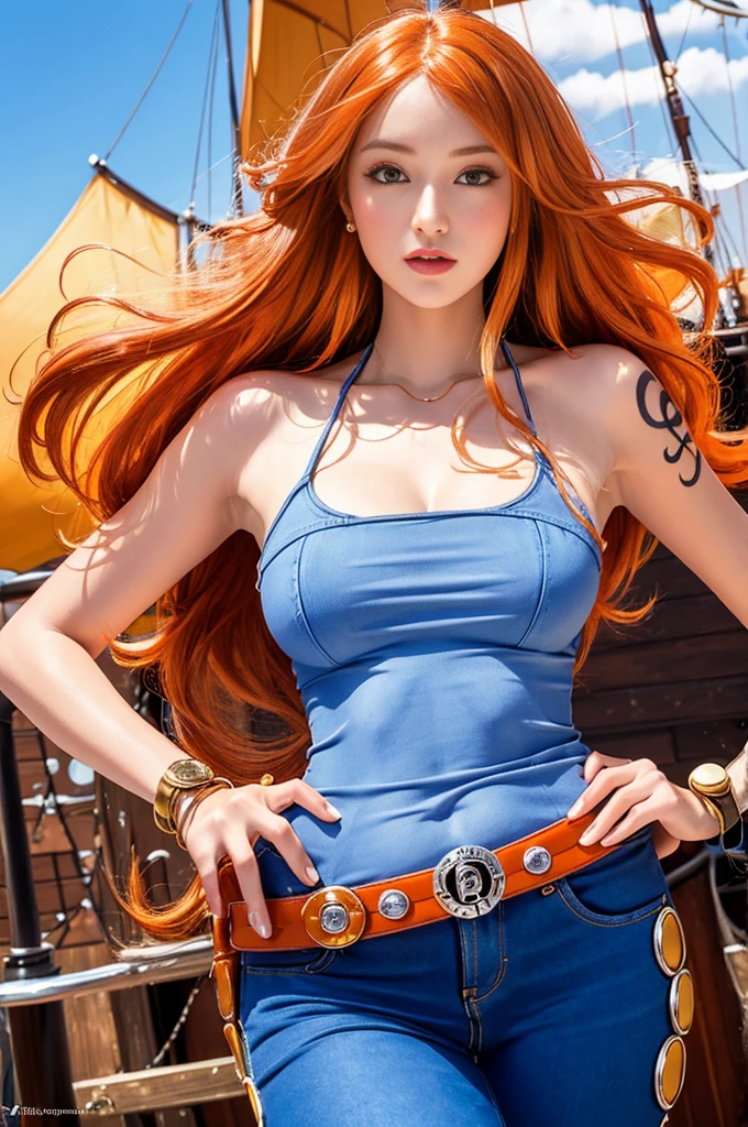 (((masterpiece+highest quality+High resolution+super detailed))), we\(one piece\), long silky orange hair, high nose, clear eyes, noble and inviolable temperament, (([woman]: 1.2 + [beauty]: 1.2 + orange long hair: 1.2)), pirate ship background, (one piece), blue sky, bracelet, Bubble, cloud, denim, pants, shoulder tattoo, bright eyes, dywec angle and posture.
