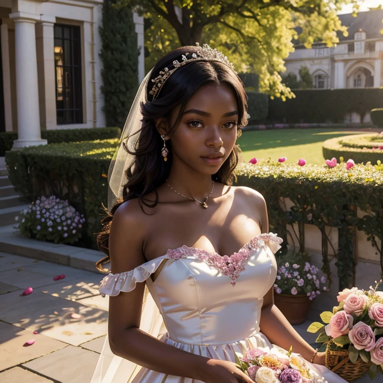 (masterpiece, best quality:1.5), highest quality, High resolution, super detailed, Realists, Upper body photo of a 22 year old black flower girl, dark skin, detailed and beautiful eyes, beautiful detailed lips, very detailed eyes and face, longeyelashes, 22-year-old woman in a pink short dress made of shiny satin fabric, Beautiful and colorful makeup, elegant and noble々Pose,shiny satin headband, grind, Holding flowers, Gardens as background, soft daylight, bright colors, fine brushstrokes, Portrait style, Noble details in the dress fabric, beautiful color palette, glowing skin, First-class rendering, that captures every detail, enchanting atmosphere, subtle shadows and lights, (perfect anatomy:1.2), (The stunning 22-year-old flower girl carries a basket of rose petals. (magnificent panorama view:1.2)