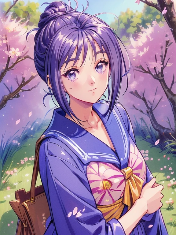 ((masterpiece)),((Ayako Katagiri)),((Katagiri Ayako)),((Mischievous Smile)),Anatomically perfect fingers,(((Cherry blossom trees))),(((Taishō Hakama)))