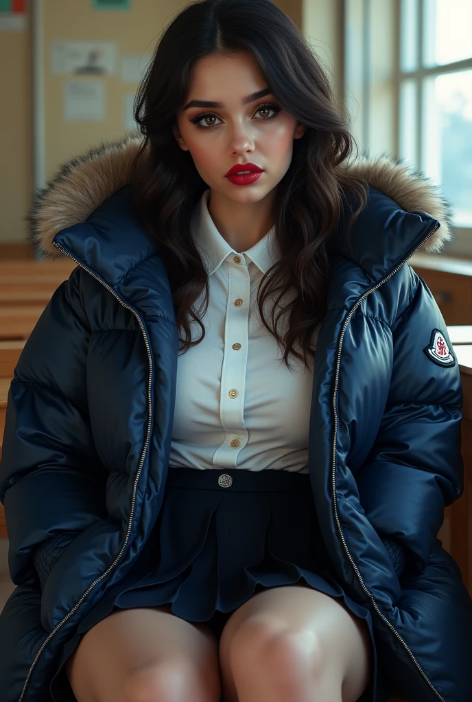  16 year old English teenage girl ,wearing a very large navy blue tight shiny puffer coat, very thick eyebrows, photorealistic, masterpiece, moncler, fluffy fur hood, , wavy hair, large breasts, open coat, school uniform,very tight white blouse, pleated skirt, heavy makeup, dark red lipstick, chavvy, chav, attitude, pouting, sitting in classroom, dark foundation, very tight clothing, extreme close up, face focus, looking at camera