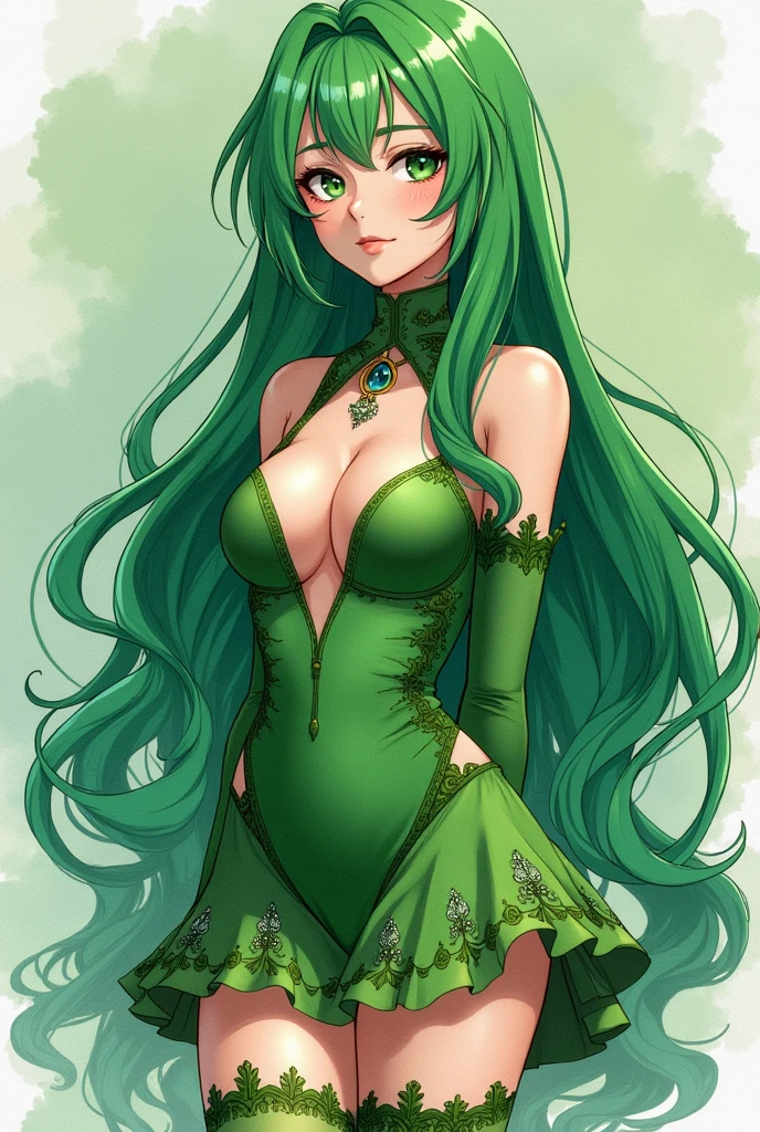 A captivating female with vibrant long green hair and fascinating anime-inspired features. The topic is confidently pristine, Her lush tide-green dress with plunging neckline, a turtleneck and delicate emerald accents , creating a charming world of shades The intricate details and enigmatic character cartoon fashion watercolor high stockings green tones high stockings thick legs a name that says "LENTUGA ROX "