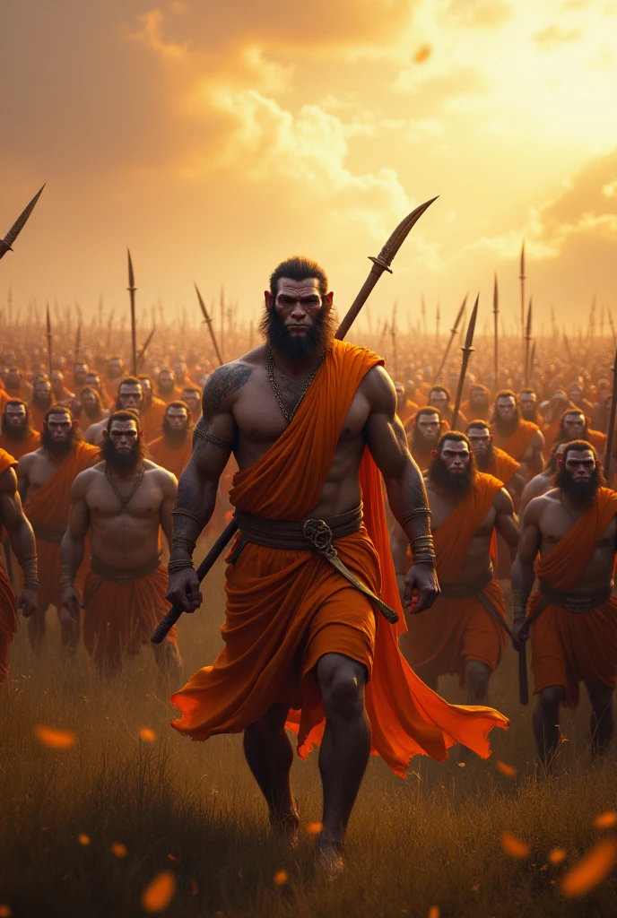  a backdrop depicting a battlefield in grasslands with hundreds of Hanuman army with huge muscular body with divine and devotional facial expressions. The image could show monkey army standing strong and devotional by holding gada over shoulder, creating a sense of strength and determination. It would be quite an impactful wearing saffron cloth. Background should have hundreds of monkey army with bulk body and holding gada