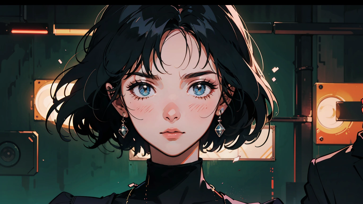 A heartbroken beauty in a Tokyo nightclub: Close-up, upper body shot of a stunning woman in her 20s, positioned to the left of the frame. Her face, showing a mix of melancholy and defiance, is turned towards the camera. She wears a stylish, shimmering top that catches the pulsing lights. Her hair, slightly disheveled from dancing, frames her face. The right side and background are filled with silhouettes of other clubgoers, rendered in deep black to maintain focus on the main subject. Neon lights and lasers create a moody, electric atmosphere, reflecting off her skin and clothing. The blurred, dark crowd behind her emphasizes the sense of isolation in a busy space