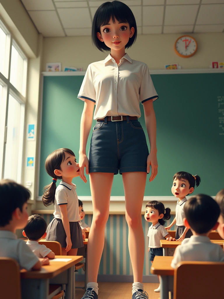 9 foot tall giant girl with short and small classmates