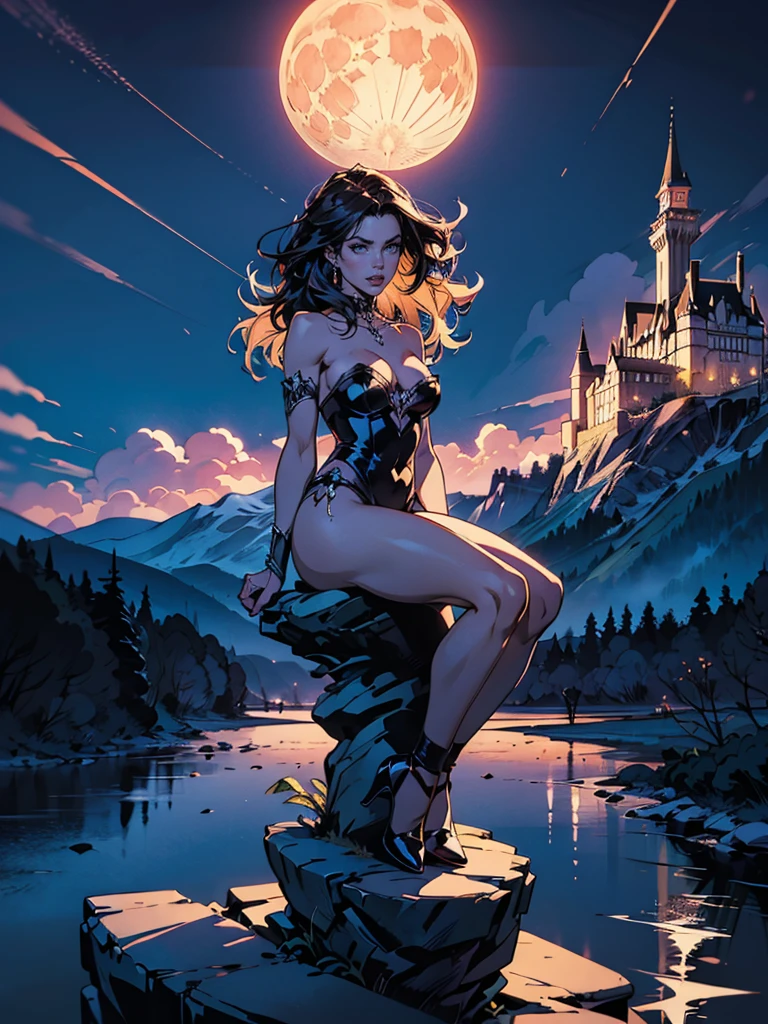 full shot of a captivating necromancer on top of a rock, bare shoulders, bare thighs, long wavy dark hair, breathtaking scenery, (castle, river, mystical sky, moonlit night)