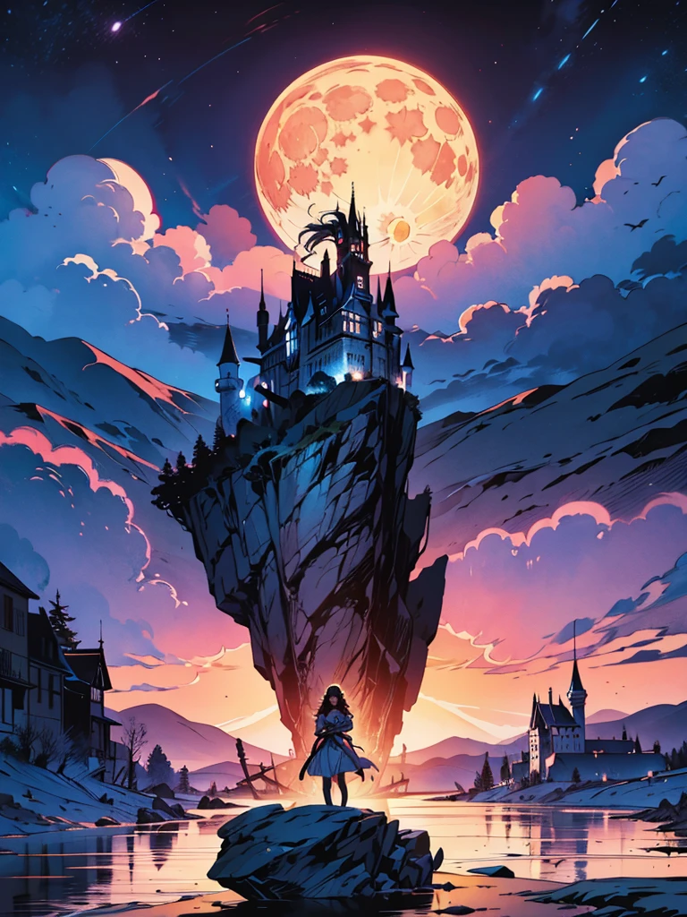 full shot of a captivating necromancer on top of a rock, bare shoulders, bare thighs, long wavy dark hair, breathtaking scenery, (castle, river, mystical sky, moonlit night)